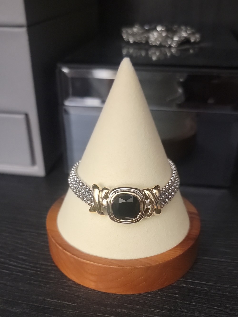 Gold-Tone Magnetic Bracelet with Black Cushion Stone